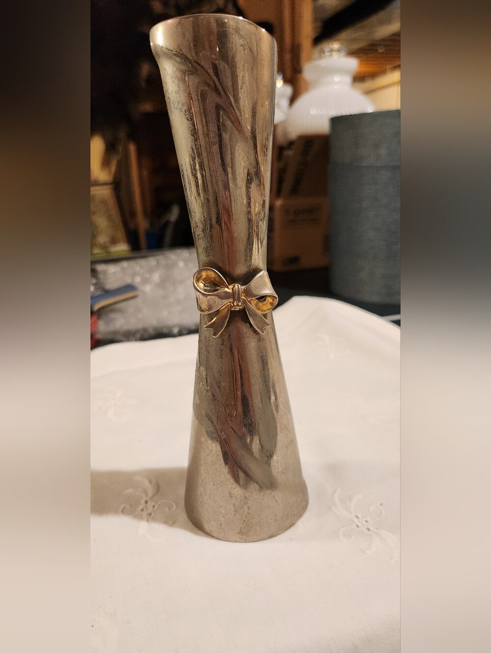 Vintage Silver-plated Metal Twisted Vase With A Bow